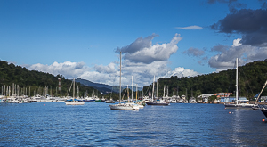 The east end of Chaguaramas Bay.  The Customs Dock is in the center with the red and white striped light.